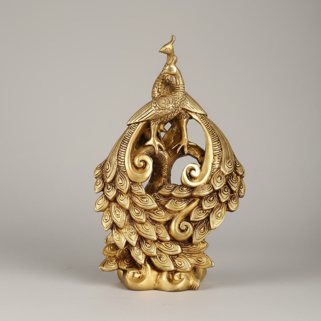 brass double peacock sitting on a tree statue for home décor/ gift item